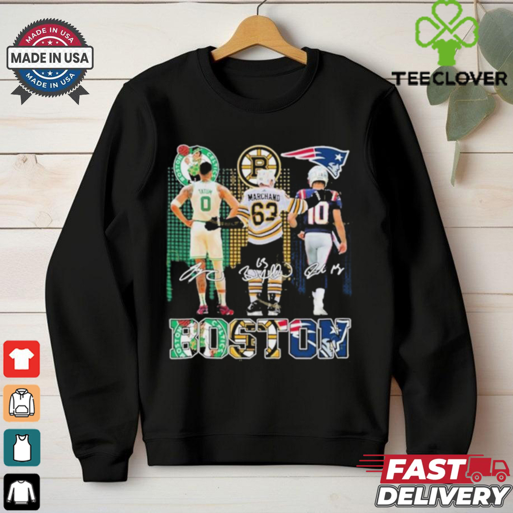 Official Boston Sports Teams Jayson Tatum Brad Marchand and Drake Maye Signatures shirt Official Boston Sports Teams Jayson Tatum Brad Marchand and Drake Maye Signatures shirt