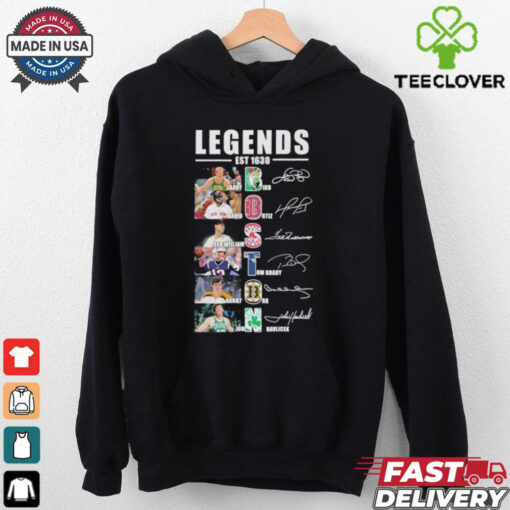 Official Boston Sports Teams Legends Est 1630 Larry Bird David Ortiz Ted Williams Tom Brady Bobby Orr and John Havlicek Signatures shirt