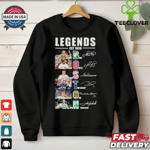 Official Boston Sports Teams Legends Est 1630 Larry Bird David Ortiz Ted Williams Tom Brady Bobby Orr and John Havlicek Signatures shirt