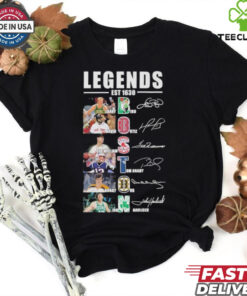 Official Boston Sports Teams Legends Est 1630 Larry Bird David Ortiz Ted Williams Tom Brady Bobby Orr and John Havlicek Signatures shirt