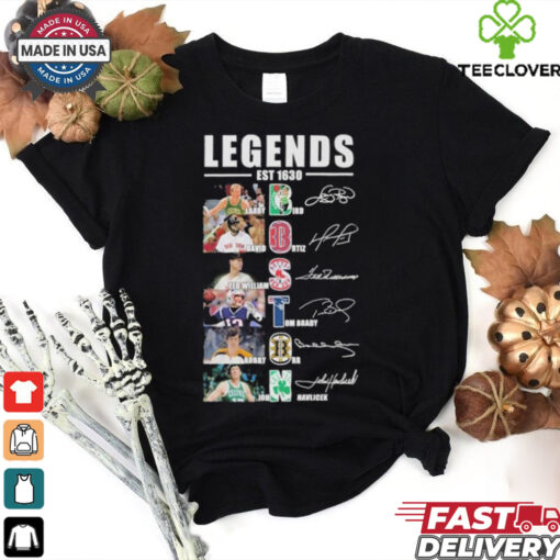 Official Boston Sports Teams Legends Est 1630 Larry Bird David Ortiz Ted Williams Tom Brady Bobby Orr and John Havlicek Signatures shirt