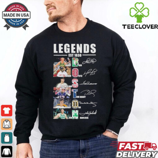 Official Boston Sports Teams Legends Est 1630 Larry Bird David Ortiz Ted Williams Tom Brady Bobby Orr and John Havlicek Signatures shirt