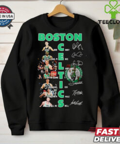 Official Boston Basketball Starting Team Moments Signatures Shirt with a commemorative design featuring key player signatures, perfect for Celtics fans celebrating team milestones.