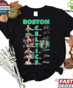 Official Boston Basketball Starting Team Moments Signatures Shirt with a commemorative design featuring key player signatures, perfect for Celtics fans celebrating team milestones.