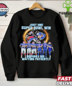 Official Buffalo Bills Just One Super Bowl Win Before I Die Waiting Mascot T-shirt featuring a bold design that captures the longing and passion of Bills fans. Show your hope and team spirit with this fun, fan-centered apparel as you wait for that long-awaited Super Bowl victory.