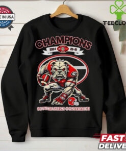 The **Official Champions 2024 22-19 Southeastern Conference Georgia Bulldogs Mascot Shirt** celebrates the Georgia Bulldogs' victory in the 2024 Southeastern Conference Championship with a final score of 22-19. Featuring the Bulldogs' mascot, this shirt is a perfect way for fans to show their pride in the team’s accomplishment!