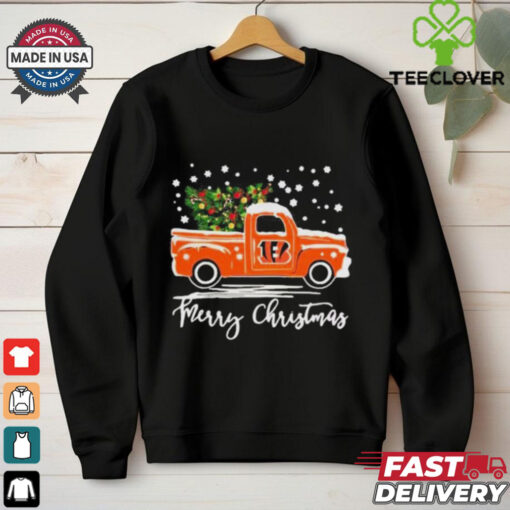 Official Cincinnati Bengals Logo Truck and Tree Merry Christmas Shirt