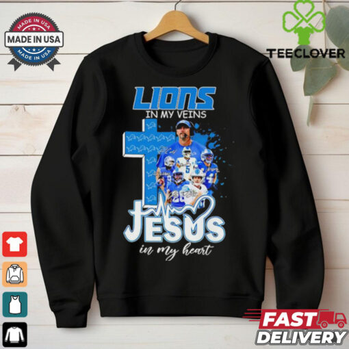 Official Dan Campbell and Players Detroit Lions in my veins Jesus in my heart shirt