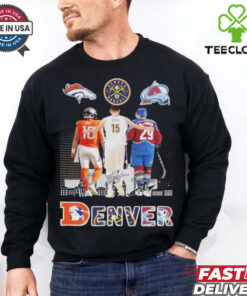 The **Official Denver Broncos x Denver Nuggets x Colorado Avalanche Signature Shirt** brings together the three iconic Denver teams—Broncos, Nuggets, and Avalanche—featuring player signatures from each team. Perfect for fans who support all of Colorado's top sports franchises and want to celebrate their shared success!