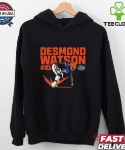 Official Desmond Watson #21 Individual Caricature Florida Gators NCAA Football T-shirt featuring a unique caricature of Desmond Watson in his Florida Gators football gear.