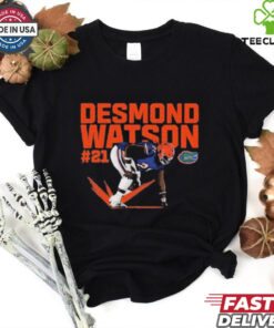 Official Desmond Watson #21 Individual Caricature Florida Gators NCAA Football T-shirt featuring a unique caricature of Desmond Watson in his Florida Gators football gear.