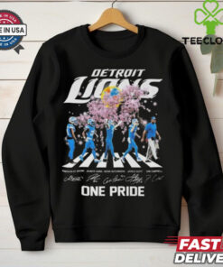 Official Detroit Lions One Pride Cherry Blossoms Bloom Walking Signatures 2025 Shirt with a unique design featuring the team spirit and player signatures, perfect for Lions fans celebrating the 2025 season.