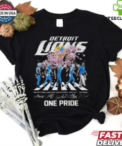 Official Detroit Lions One Pride Cherry Blossoms Bloom Walking Signatures 2025 Shirt with a unique design featuring the team spirit and player signatures, perfect for Lions fans celebrating the 2025 season.