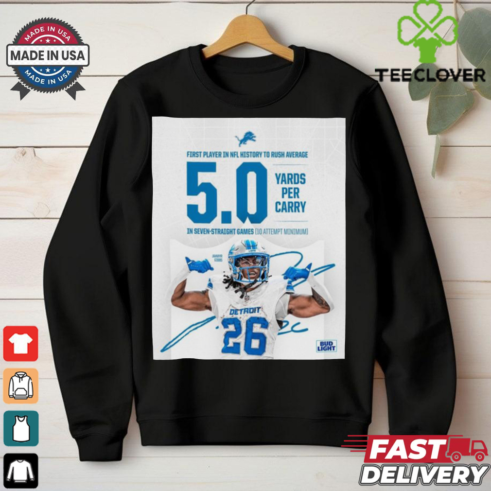 Official First player In NFL history to rush average Jahmyr Gibbs 5.0+ yards per carry in seven straight games signature Poster t shirt Official First player In NFL history to rush average Jahmyr Gibbs 5.0+ yards per carry in seven straight games signature Poster t shirt