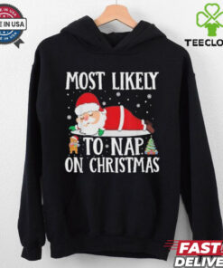 Official Funny Santa Xmas Family Most Likely To Nap On Christmas 2024 Shirt with a humorous, holiday-themed design.