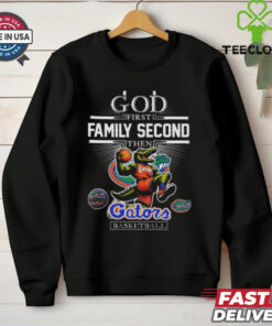Official God First, Family Second, Then Florida Gators Basketball 2024 Mascot T-shirt with a vibrant, team-themed design.