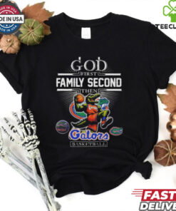 Official God First, Family Second, Then Florida Gators Basketball 2024 Mascot T-shirt with a vibrant, team-themed design.