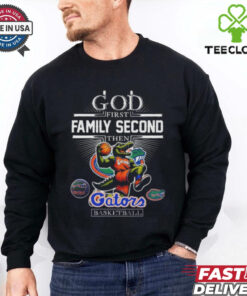 Official God First, Family Second, Then Florida Gators Basketball 2024 Mascot T-shirt with a vibrant, team-themed design.