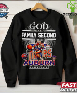 The **Official God First, Family Second, Then Auburn Basketball Mascot Shirt** features a powerful message of priorities alongside the Auburn basketball mascot. Perfect for fans who want to show their faith, family values, and dedication to the Auburn Tigers basketball team!