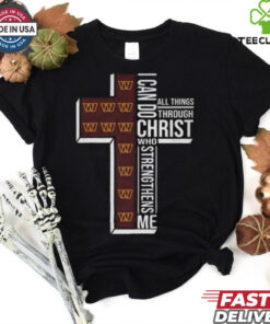 Official I Can Do All Things Through Christ Who Strengthens Me Washington Commanders T-shirt featuring an inspiring design that combines faith and team pride. Show your devotion to both your beliefs and the Washington Commanders with this meaningful and stylish apparel.