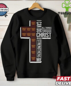 Official I Can Do All Things Through Christ Who Strengthens Me Washington Commanders T-shirt featuring an inspiring design that combines faith and team pride. Show your devotion to both your beliefs and the Washington Commanders with this meaningful and stylish apparel.