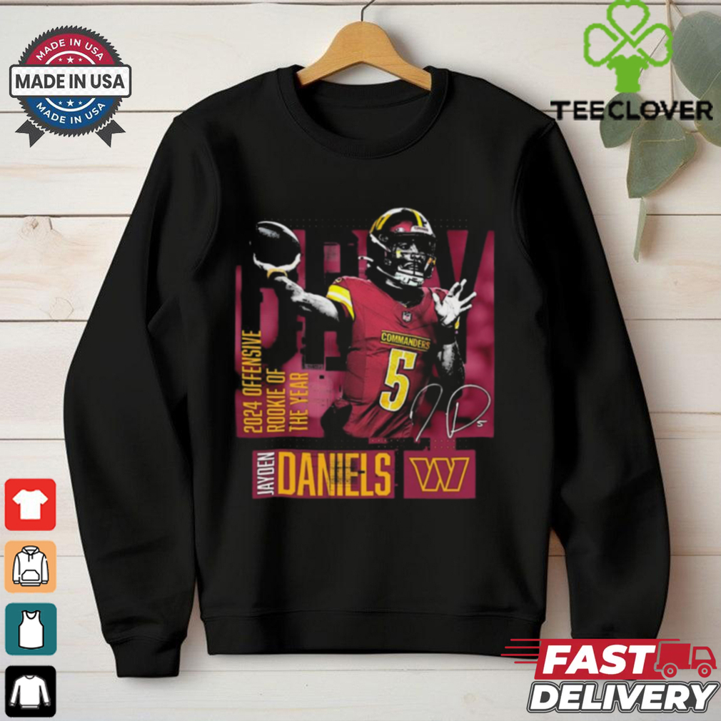 Official Jayden Daniels Washington Commanders 2024 NFL Offensive Rookie of the Year Signature Graphic t shirt Official Jayden Daniels Washington Commanders 2024 NFL Offensive Rookie of the Year Signature Graphic t shirt