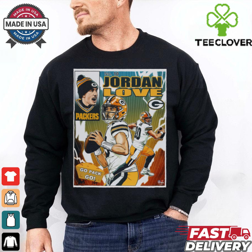 Official Jordan Love Green Bay Packers NFL Go Pack Go Art by Brian Kong Poster t shirt Official Jordan Love Green Bay Packers NFL Go Pack Go Art by Brian Kong Poster t shirt