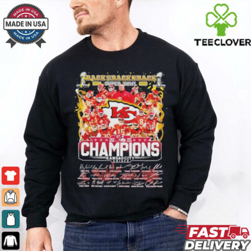 Official Kansas City Chiefs Back To Back Super Bowl LIX Champions 2024 2025 Signatures Helmet Trophy T shirts