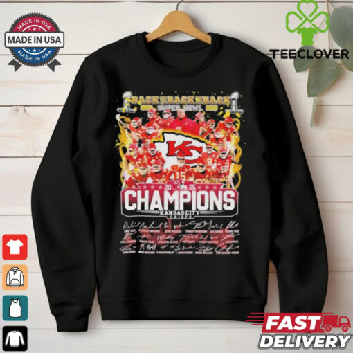Official Kansas City Chiefs Back To Back Super Bowl LIX Champions 2024 2025 Signatures Helmet Trophy T shirts