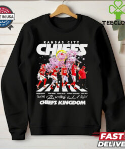 Official Kansas City Chiefs Kingdom Abbey Road Peach Blossom Signature Shirt with a unique design combining team pride, iconic Abbey Road imagery, and player signatures, perfect for Chiefs fans.