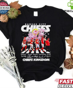 Official Kansas City Chiefs Kingdom Abbey Road Peach Blossom Signature Shirt with a unique design combining team pride, iconic Abbey Road imagery, and player signatures, perfect for Chiefs fans.