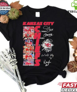 Official Kansas City Chiefs Signature Unisex T-Shirts featuring player signatures and bold team branding, perfect for Chiefs fans.
