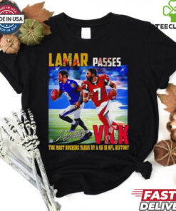 The **Official Lamar Passes Vick the Most Rushing Yards by a QB in NFL History Shirt** honors Lamar Jackson’s record-breaking achievement as the QB with the most rushing yards in NFL history. Featuring bold graphics, this shirt is perfect for fans celebrating Lamar’s historic milestone!
