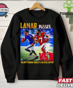 The **Official Lamar Passes Vick the Most Rushing Yards by a QB in NFL History Shirt** honors Lamar Jackson’s record-breaking achievement as the QB with the most rushing yards in NFL history. Featuring bold graphics, this shirt is perfect for fans celebrating Lamar’s historic milestone!