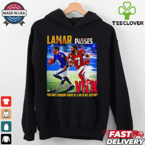 Official Lamar passes Vick the most rushing yards by a QB in NFL history shirt
