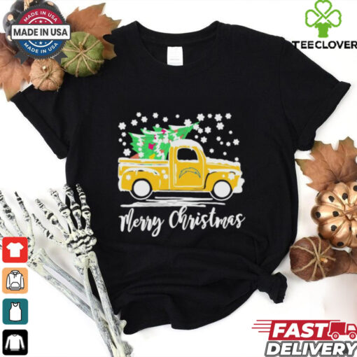 Official Los Angeles Chargers Logo Truck and Tree Merry Christmas Shirt