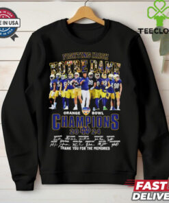 The **Official Marcus Freeman and Players Notre Dame Fighting Irish 2024 Orange Bowl Champions Thank You for the Memories Signatures Shirt** commemorates the team's victorious Orange Bowl campaign. Featuring coach Marcus Freeman, player signatures, and championship details, this shirt is perfect for fans celebrating Notre Dame’s achievement!