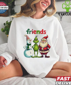 Official Merry Christmas Friends Snowman Grinch Santa 2024 Shirt with a festive design featuring beloved holiday characters like the Grinch, Snowman, and Santa.