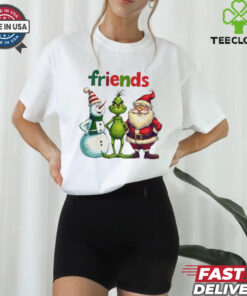 Official Merry Christmas Friends Snowman Grinch Santa 2024 Shirt with a festive design featuring beloved holiday characters like the Grinch, Snowman, and Santa.