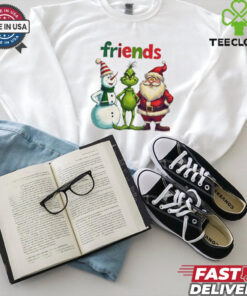 Official Merry Christmas Friends Snowman Grinch Santa 2024 Shirt with a festive design featuring beloved holiday characters like the Grinch, Snowman, and Santa.