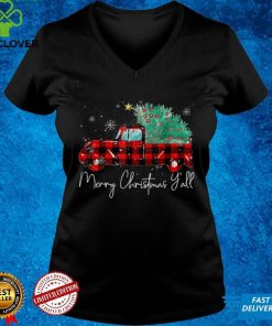 Official Merry Christmas Yall Buffalo Plaid Truck Xmas Tree Light Sweater Shirt