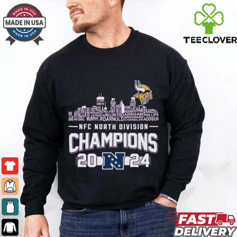 Official Minnesota Vikings NFC North Division Champions 2024 Skyline Names Shirt Official Minnesota Vikings NFC North Division Champions 2024 Skyline Names Shirt