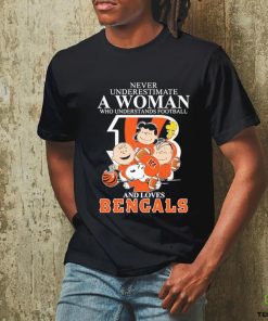 Official Never Underestimate A Woman Who Understands Football And Loves Bengals Mix Snoopy Peanuts Shirt