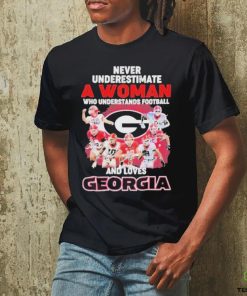 Official Never Underestimate A Woman Who Understands Football And Loves Georgia College Football Signatures Christmas T Shirt
