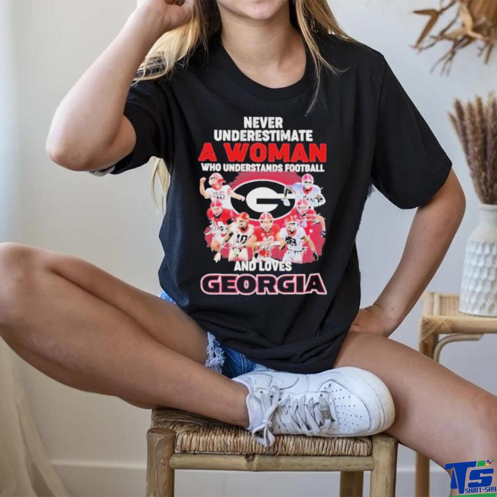Official Never Underestimate A Woman Who Understands Football And Loves Georgia College Football Signatures Christmas T Shirt Official Never Underestimate A Woman Who Understands Football And Loves Georgia College Football Signatures Christmas T Shirt