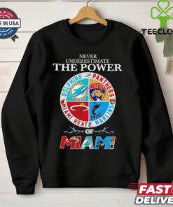 Official Never Underestimate The Power Heat Marlins Panthers Hurricanes Dolphins of Miami all sports logo graphic Best Selling shirt