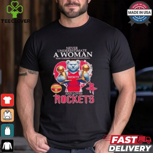 Official Never underestimate a woman who understands basketball and love Houston Rockets diamond heart mascot 2025 T shirt