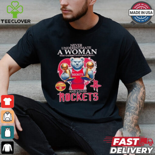 Official Never underestimate a woman who understands basketball and love Houston Rockets diamond heart mascot 2025 T shirt