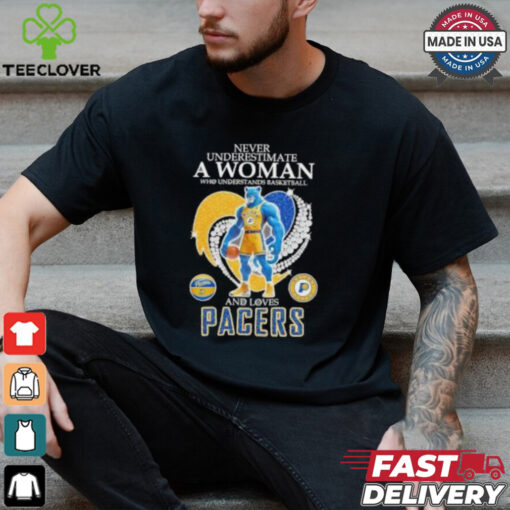 Official Never underestimate a woman who understands basketball and love Indiana Pacers diamond heart mascot 2025 T shirt