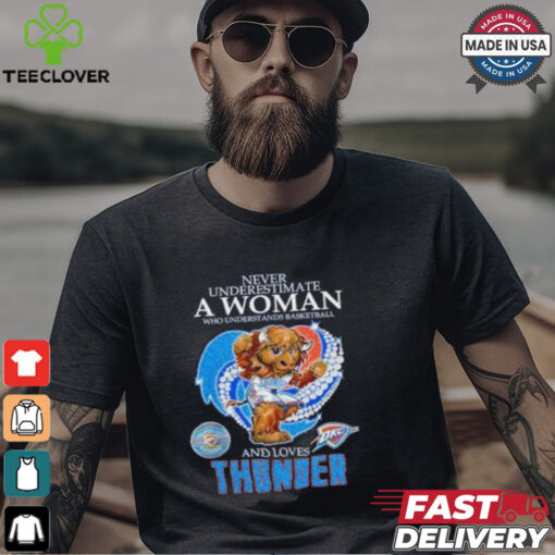 Official Never underestimate a woman who understands basketball and love Oklahoma City Thunder diamond heart mascot 2025 T shirt